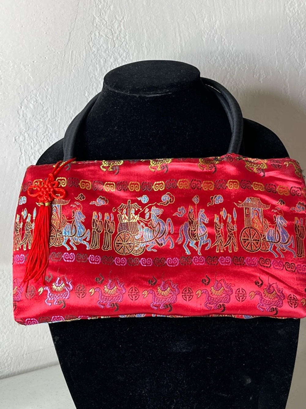 Red Embroidered Silk Mini Bag with Decorative Tassel